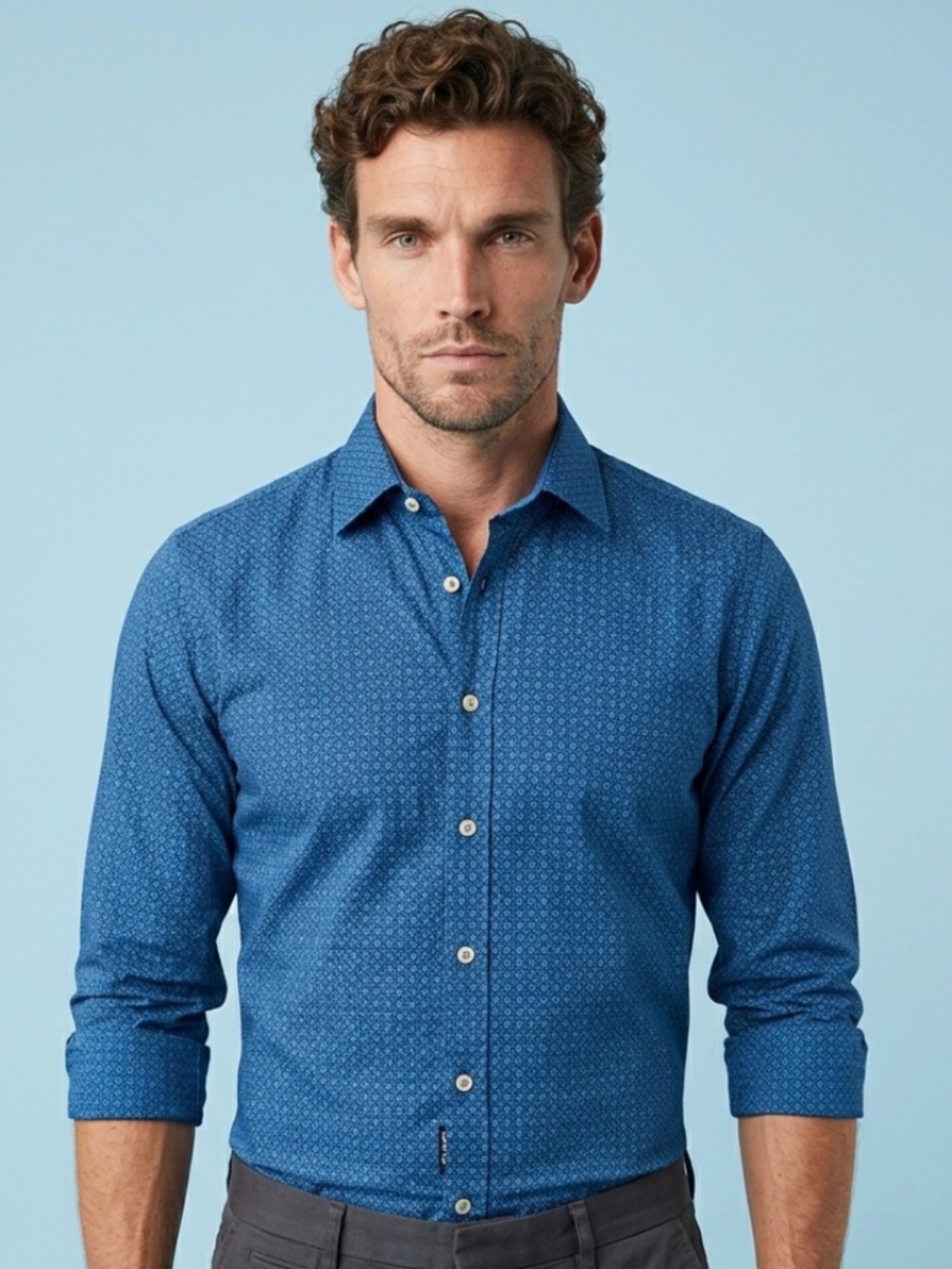 English Laundry Cotton Men’s Blue Patterned Long Sleeve Dress Office Shirt-15”